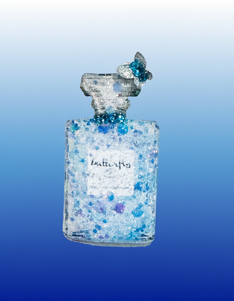 glittery perfume bottle blue with butterfly 