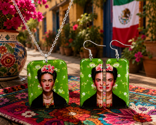 Frida Kahlo-themed jewelry set on a colorful rug with a Mexican flag in the background
