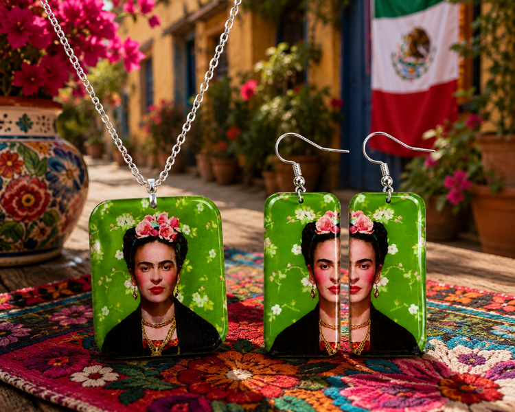 Frida Kahlo-themed jewelry set on a colorful rug with a Mexican flag in the background