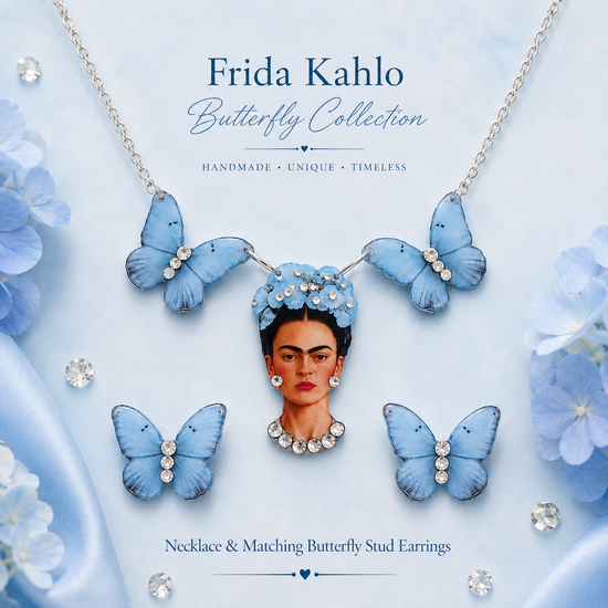 Frida Kahlo Butterfly Collection necklace and matching stud earrings featuring light blue butterflies adorned with diamantes