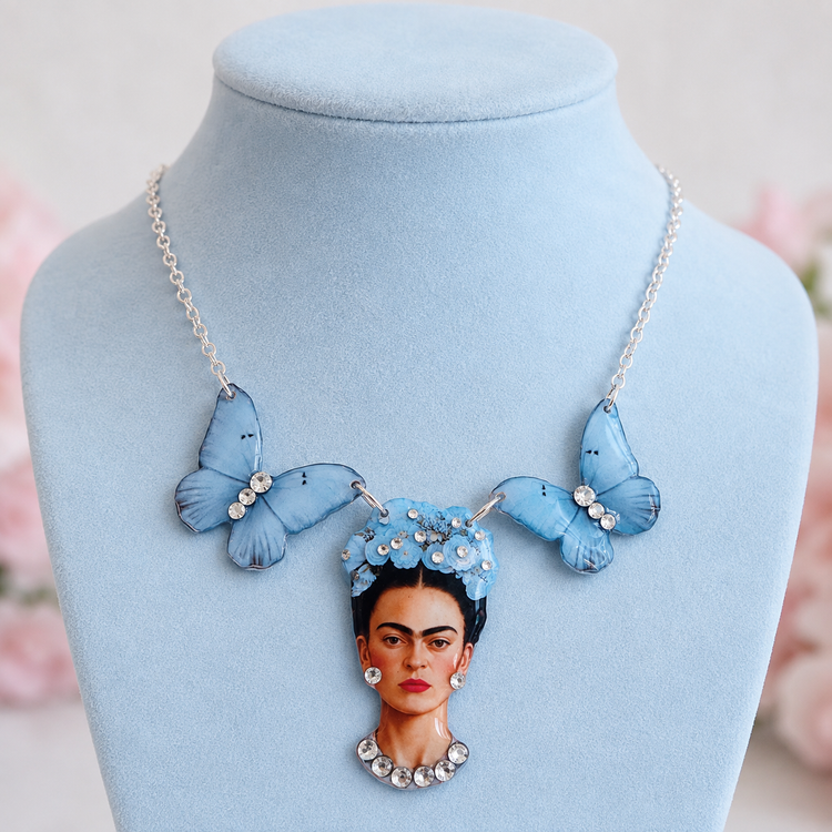  Frida Kahlo blue handmade butterfly necklace and stud earrings