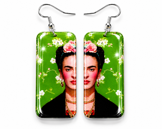 Frida Kahlo earrings, handmade  with floral design on a green background