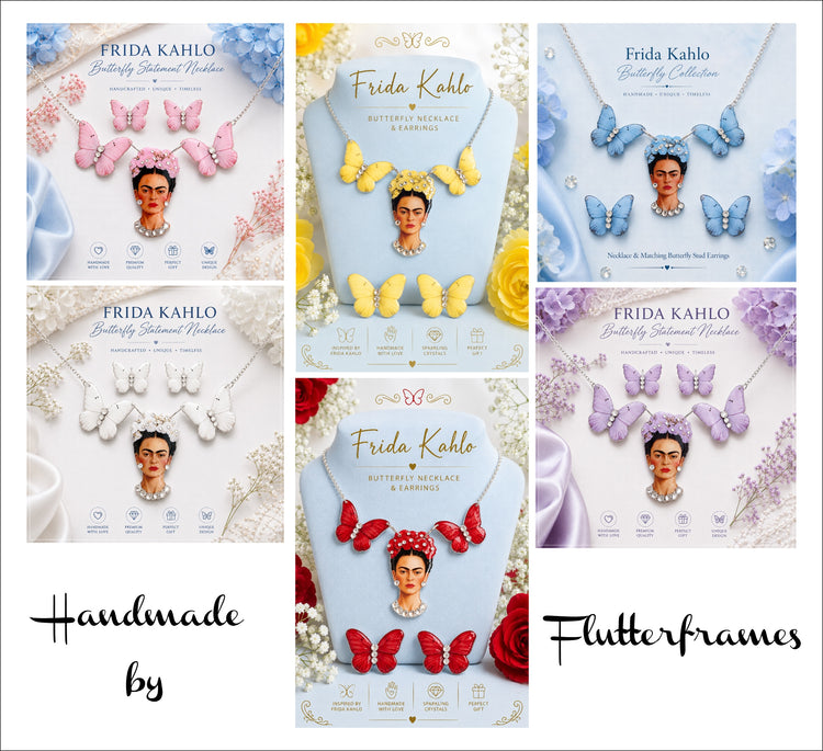  Frida Kahlo themed butterfly necklace and stud earrings