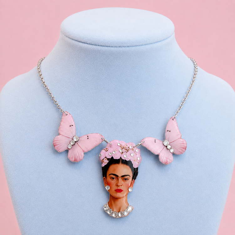  Frida Kahlo pink butterfly necklace and stud earrings