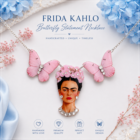 Frida Kahlo pink statement jewellery by Flutterframes, handmade
