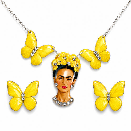  Frida Kahlo yellow butterfly necklace and stud earrings