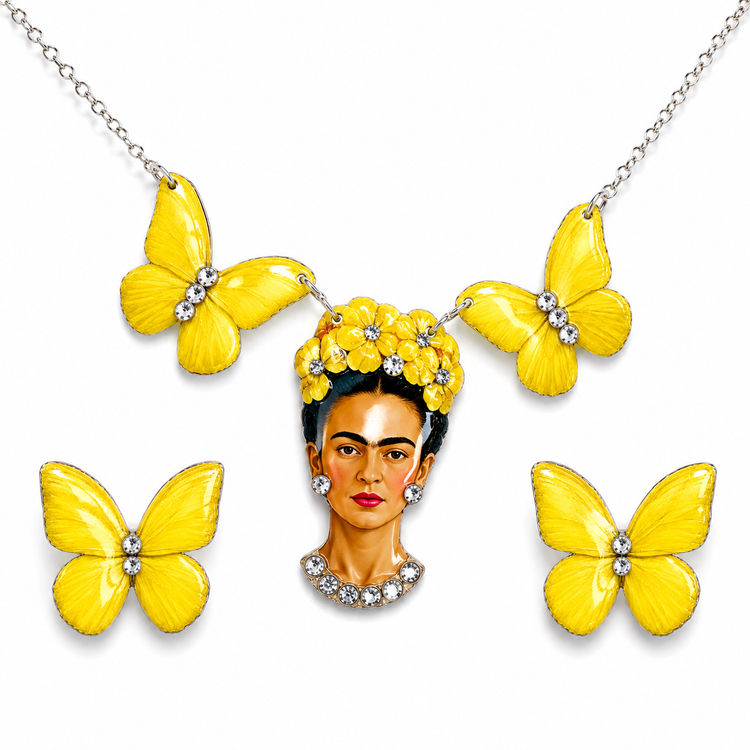  Frida Kahlo yellow butterfly necklace and stud earrings
