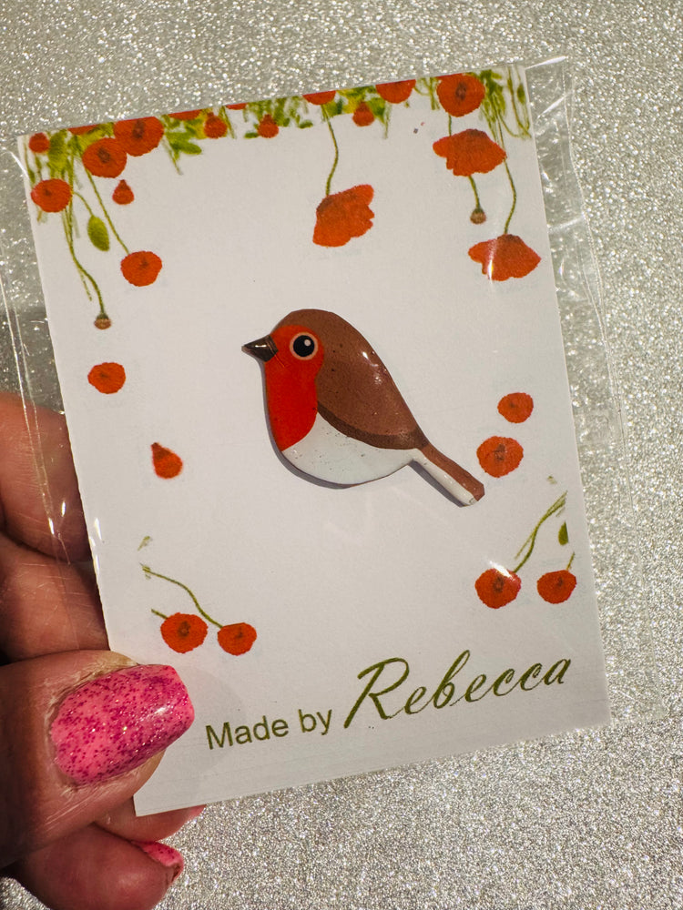 Handmade Robin pins. Robin Pin lapel brooch. Sparkle Robin. Robin Red breast