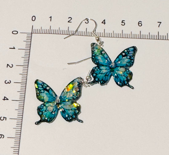 Teal butterfly dangle  earrings, handmade
