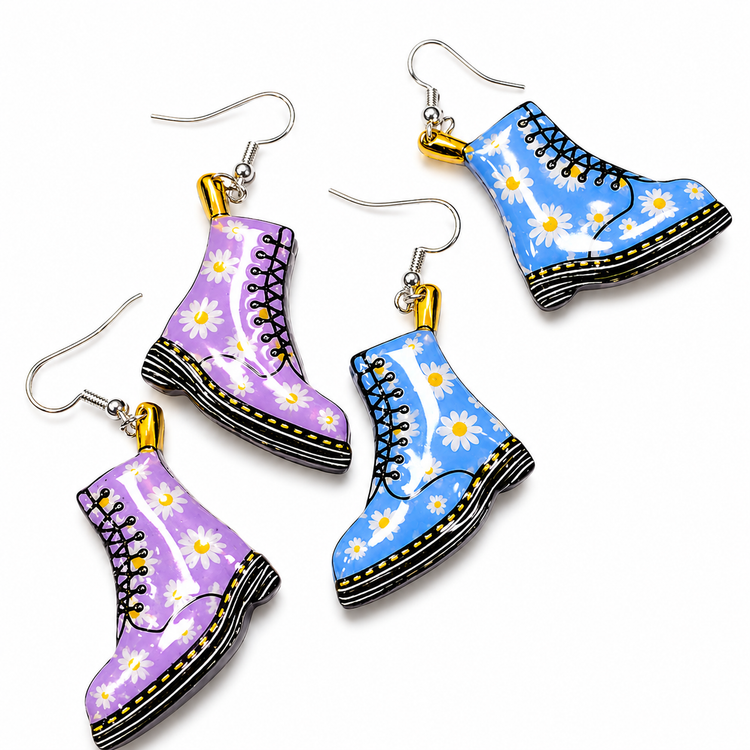 Handmade Dr. Martens Style Boot Earrings | Upcycled Tin Can Earrings | Lilac & Blue Daisy Boots | Recycled Jewellery | Festival Gift