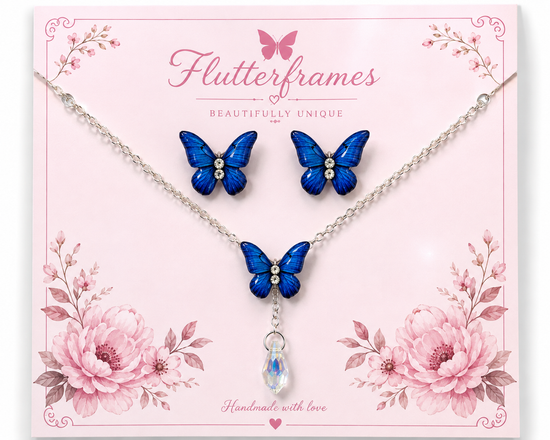 Handmade blue Butterfly  Pendant and stud earrings with crystal teardrop crystal by flutterframes
