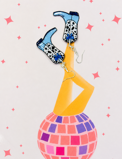 Handmade blue cowboy boot earrings