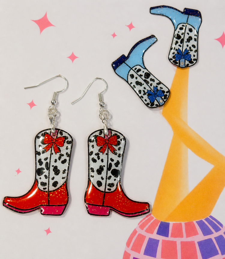 Handmade blue or red cowboy boot earrings