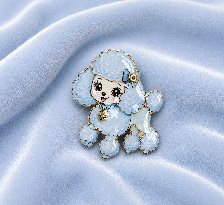 Handmade pink and blue Poodle dog enamel pins