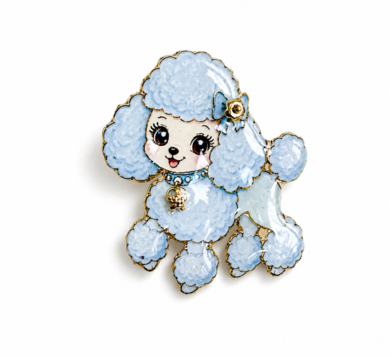 Handmade pink and blue Poodle dog enamel pins by Flutterframes