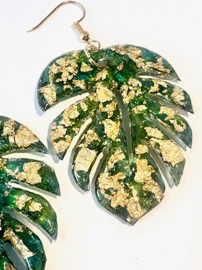 gold flake green Monstera leaves earrings