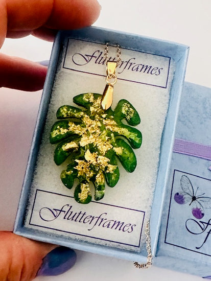  Monstera leaf gold and green necklace by flutterframes
