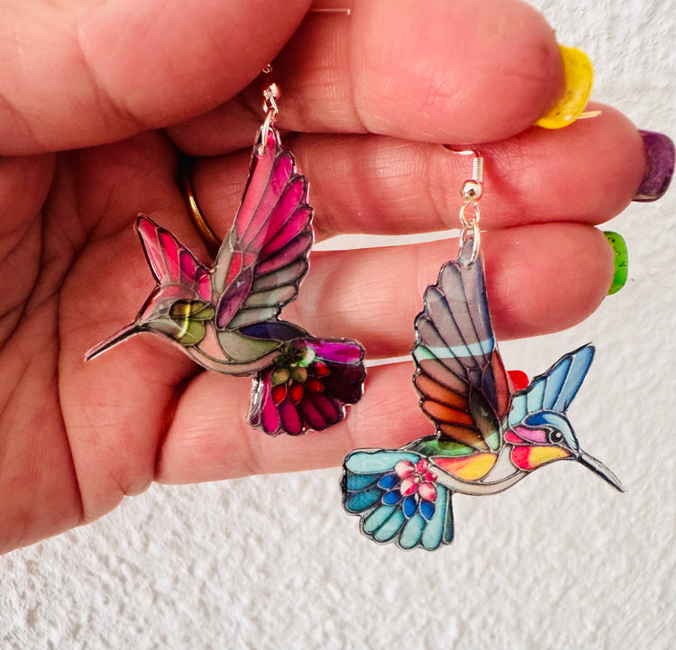 Stained glass style Kingfisher dangle earrings. Unique and chic.Exotic sparkly Jewellery for Bird Lovers