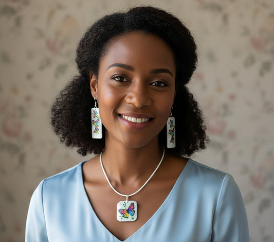 Butterfly dangle earrings and pendant set. 10th anniversary gift