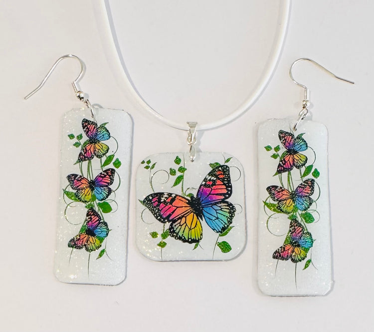 Butterfly dangle earrings and pendant set. 10th anniversary gift