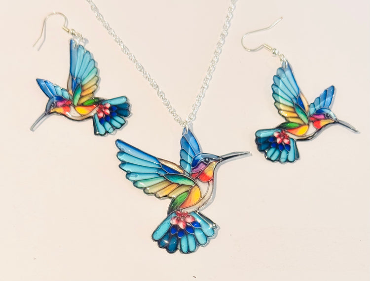 Blue Kingfisher stained glass jewellery set