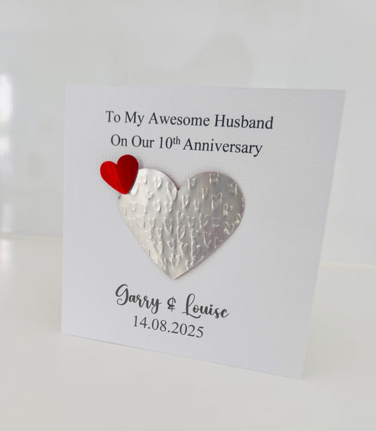 10th anniversary tin card.  REAL tin heart card with red butterfly.Recycled tin can husband/wife/mum/dad Tin wedding anniversary.Tin can art