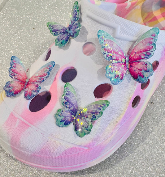 Kids Butterfly Shoe Charms, 3D Children's Butterfly croc style Shoe Clips. Handmade enamel shoe Accessories. From recycled tin cans