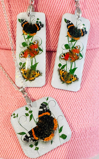 British butterflies dangle earrings and pendant set.