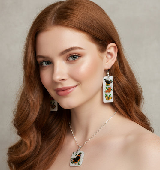 Handmade British butterflies, Red Admiral, Peacock and Tortoiseshell. Butterfly dangle earrings and pendant set.