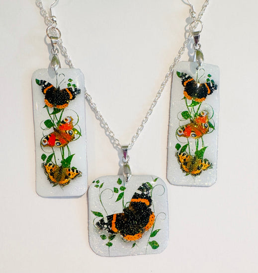 Handmade British butterflies, Red Admiral, Peacock and Tortoiseshell. Butterfly dangle earrings and pendant set.