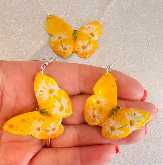 yellow butterfly earrings and necklace set. Tin anniversary. 