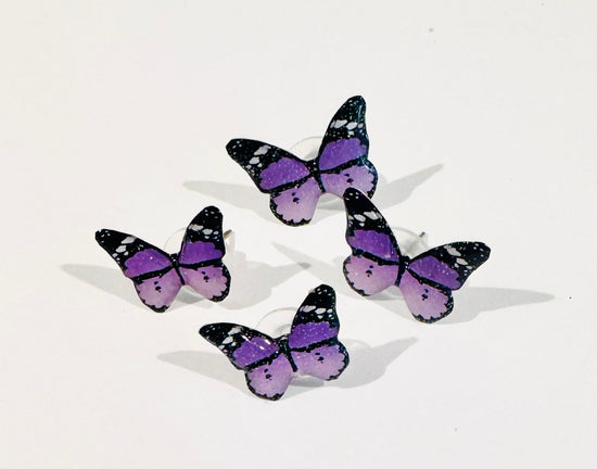lilac butterfly stud earrings. Handmade From recycled tin cans. 