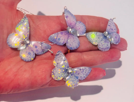 Beautiful pink, blue and lilac butterfly earrings. Butterfly drop Earrings. Handmade from tin cans
