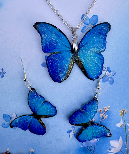 Blue  Butterfly Jewellery Set – Eco-Friendly Recycled Tin Can Jewellery – Unique Sustainable Gift for Her. Earrings - pendant