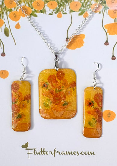 Sunflowers,Vincent Van Gogh earrings and pendant set.Upcycled tin can.Tin anniversary gift.