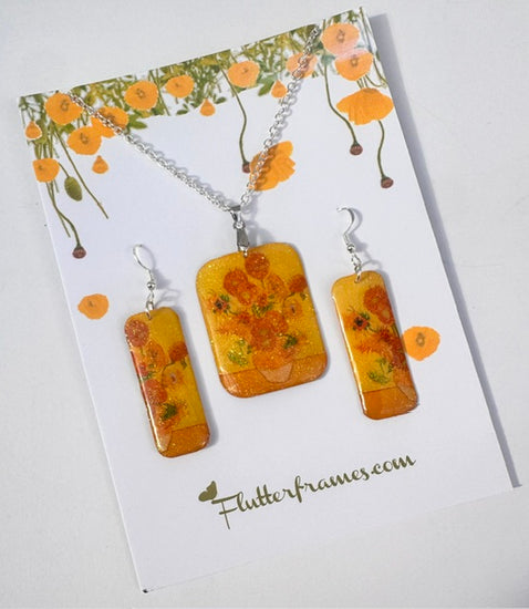Sunflowers,Vincent Van Gogh earrings and pendant set Tin anniversary gift.