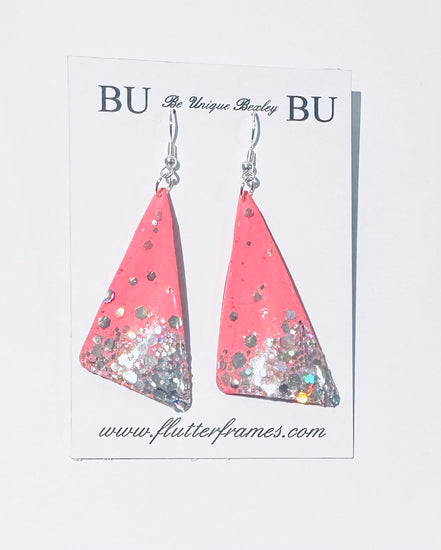 handmade from tin cans triangle pink glittery earrings