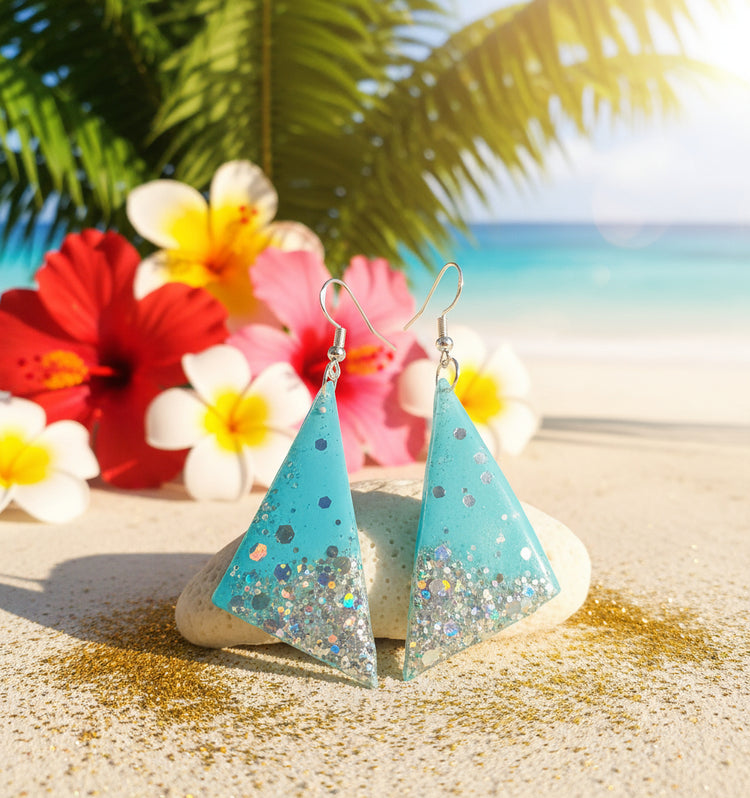 turquoise triangle statement glittery earrings