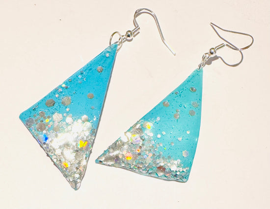 turquoise triangle statement glittery earrings handmade from tin cans