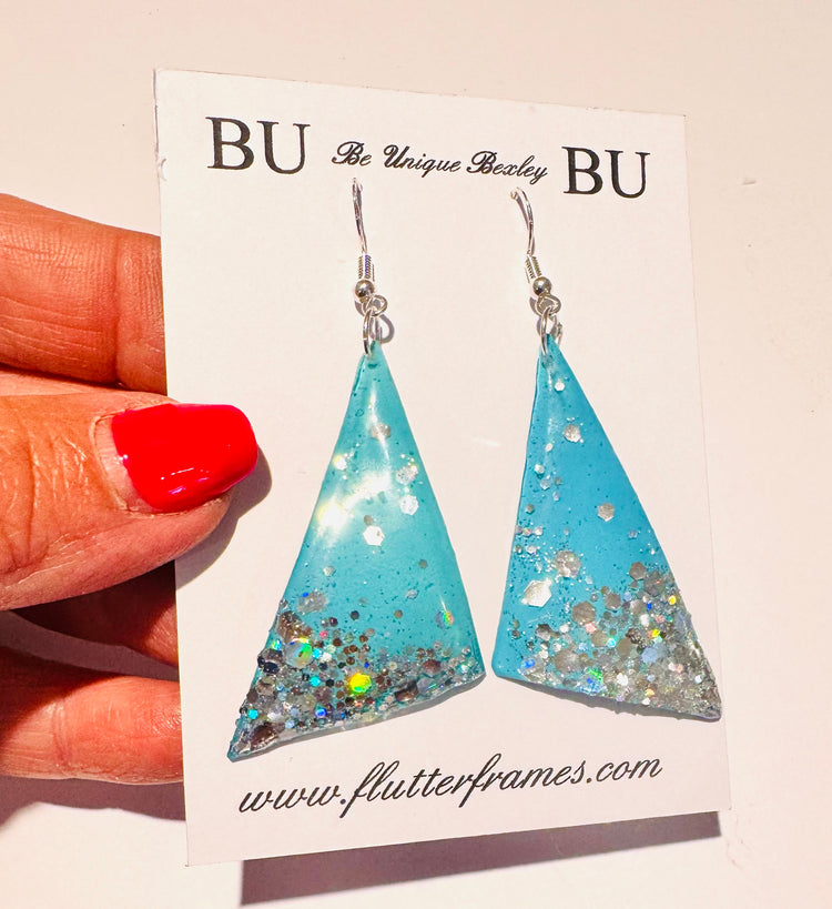 tin can turquoise triangle statement glittery earrings handmade from tin cans