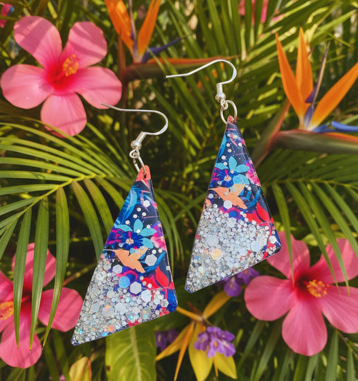 Sara Miller tropical earrings with colourful  design made from recycled tin cans