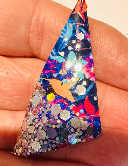 Navy blue patterned silver Glitter triangle earrings. Very pretty, statement earrings, made from recycled tin cans