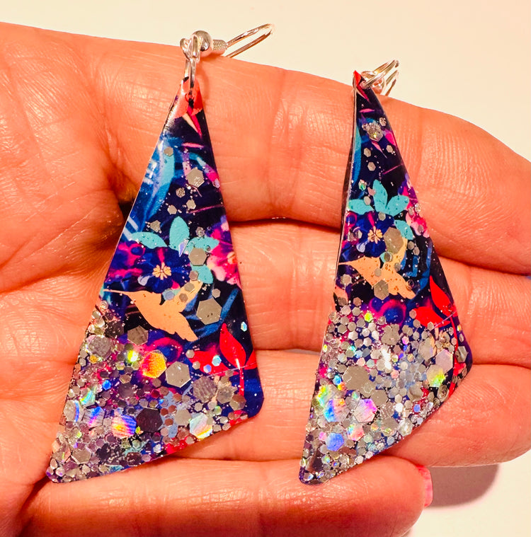 Blue tropical patterned silver Glitter triangle earrings. Very pretty, statement earrings, made from recycled tin cans