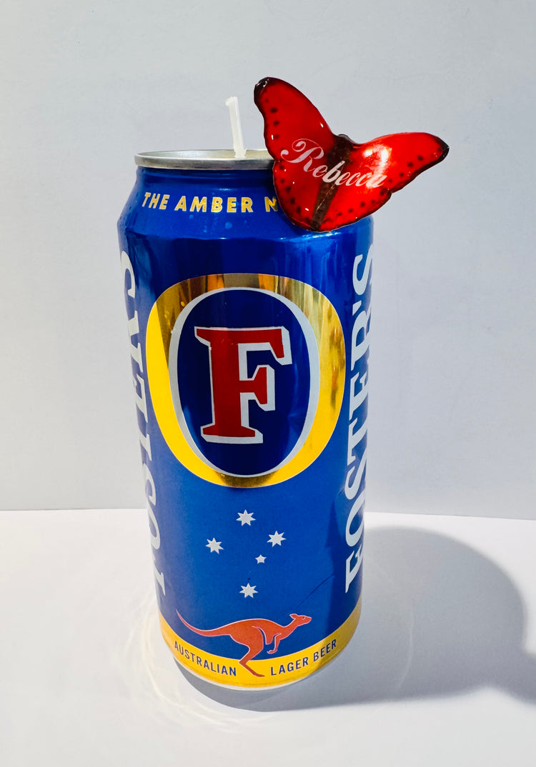 Fosters beer can with a personalised with name red butterfly 
