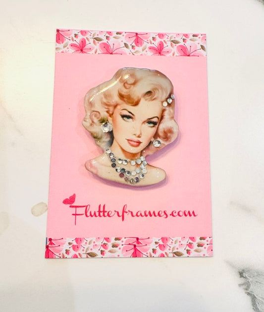 1940's retro really pretty girl Brooch. Vintage Illustration with sparkly diamantes