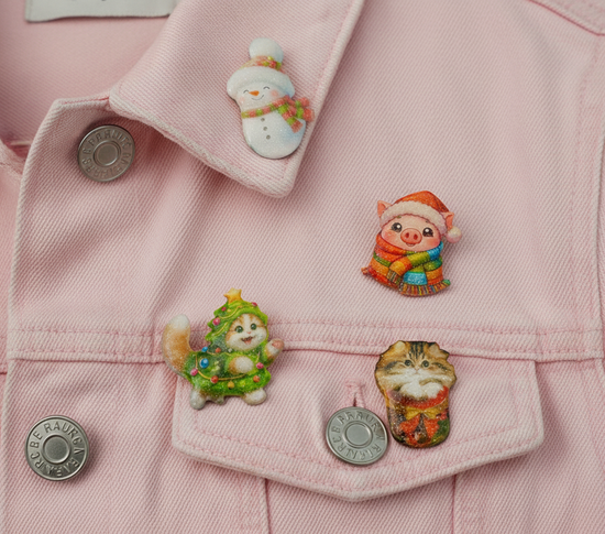 cute Christmas pins, cat, snowman and pig in blanket