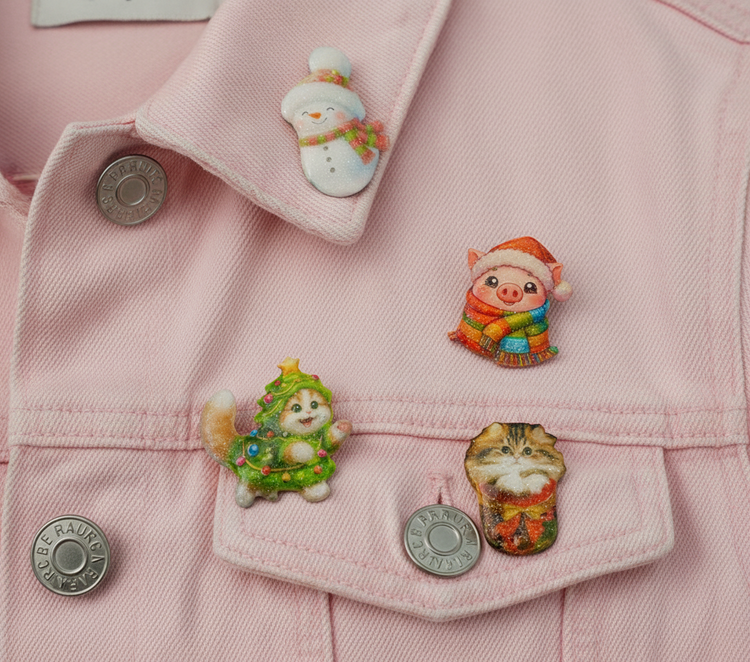cute Christmas pins, cat, snowman and pig in blanket