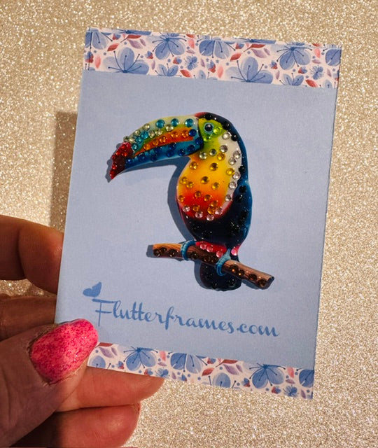 Toucan diamante brooch. Handmade from recycled tin cans