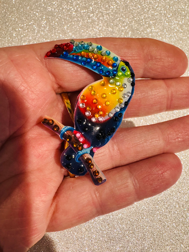 Toucan diamante brooch. Handmade from recycled tin cans