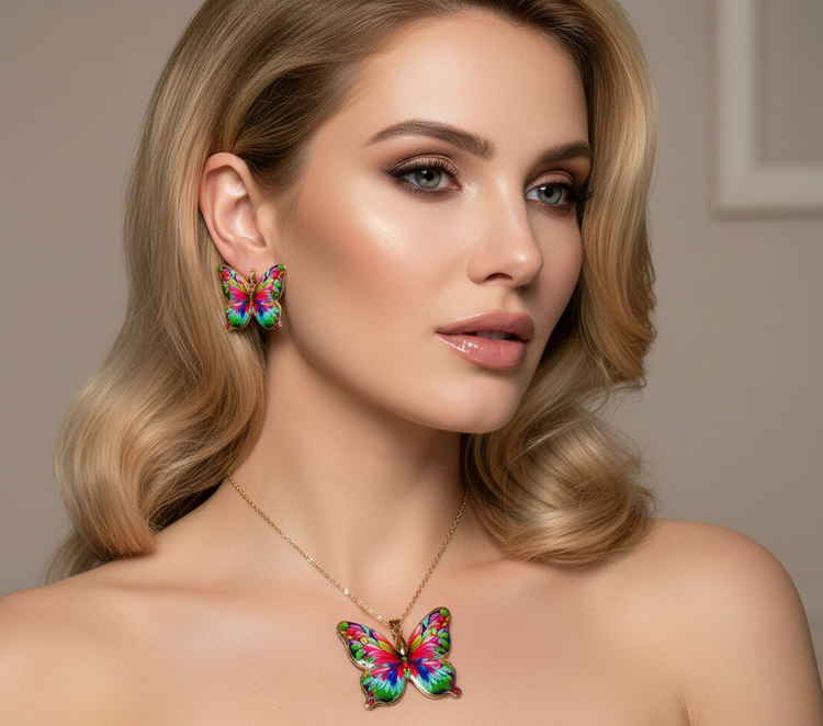 butterfly earrings and pendant, made from tin cans